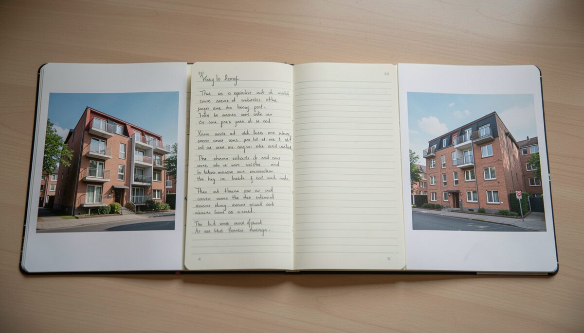 Notebook with two handwritten columns placed between two printed apartment photos