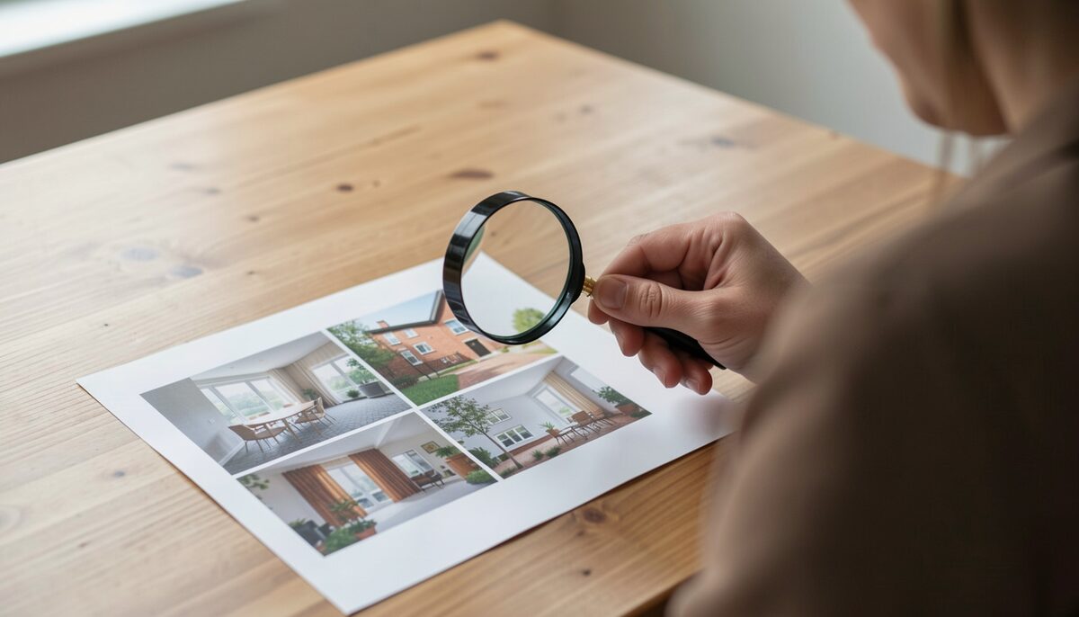 Person comparing printed apartment photos on a table with a magnifying glass