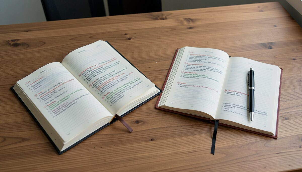 Two open dictionaries on a wooden desk beside a notebook and pen