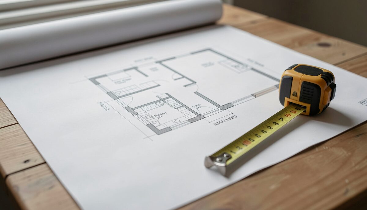 Close view of a printed floor plan with a measuring tape resting on a table